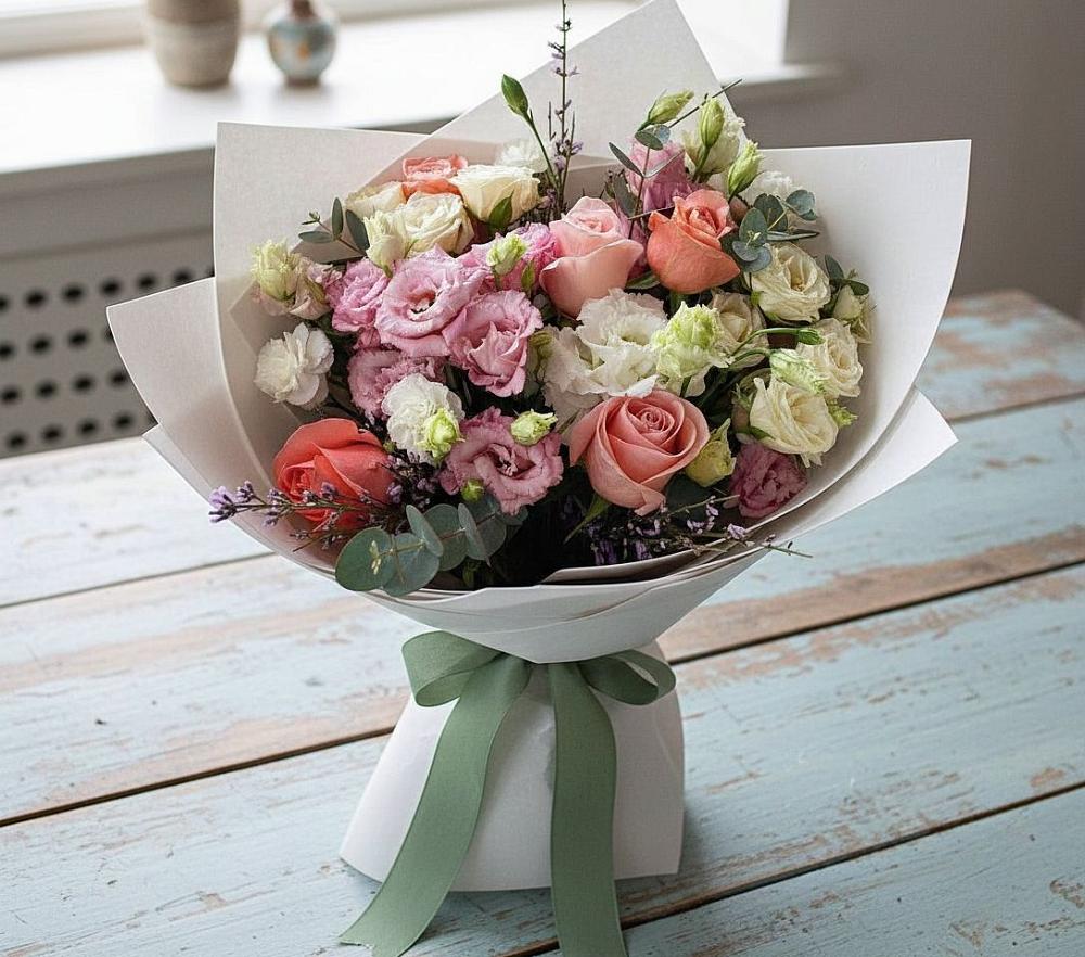 Букет цветов из: Розы, Лизиантусы и Гвоздики в Добринке