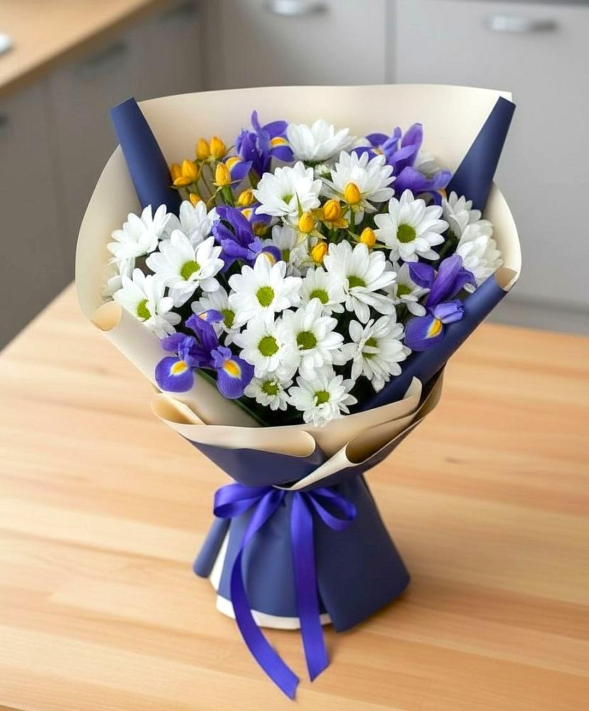 Букет цветов из: Розы, Ирисы и Хризантемы в Добринке