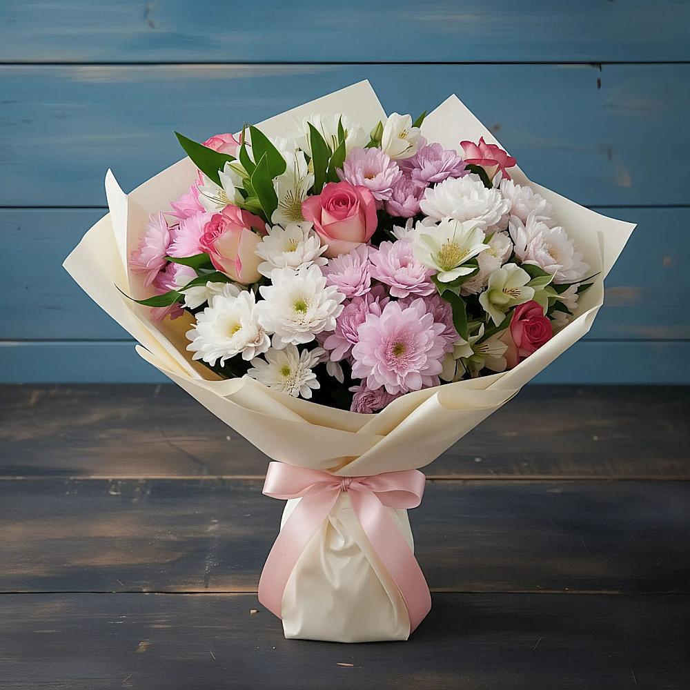 Букет цветов из: Хризантемы, Альстромерии и Розы в Добринке